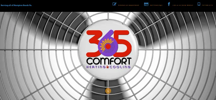 365 Comfort Heating and Cooling website: the logo centered on a close-up of a fan grille.