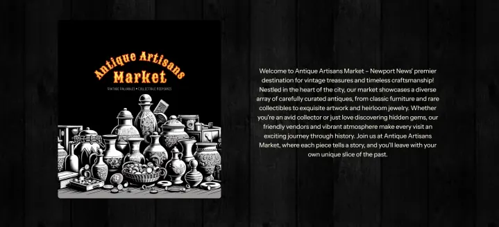 Antique Artisans Market website: the arched logo over line-art antiques on a dark wood background, with a welcome paragraph.