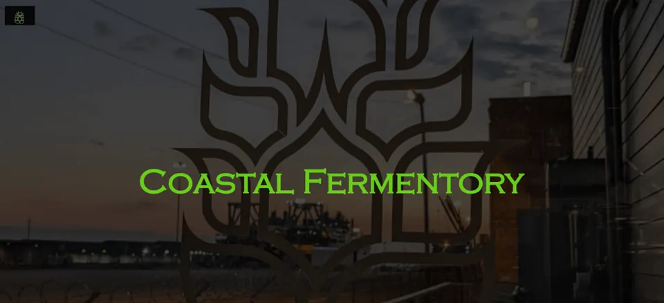 Coastal Fermentory website hero: the brewery name in green over a dusk photo of the taproom.