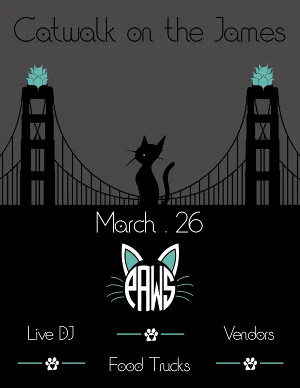 Grey poster with a bridge silhouette and a black cat announcing Catwalk on the James on March 26, with the PAWS logo.