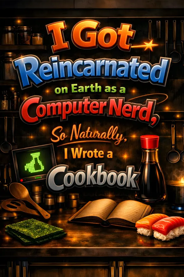 Cookbook front cover: 'I Got Reincarnated on Earth as a Computer Nerd, So Naturally, I Wrote a Cookbook' in glossy game-style lettering above a kitchen counter with sushi and an open book.