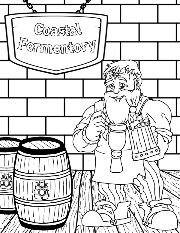 Cover page of the line-art coloring book illustrated for Coastal Fermentory.