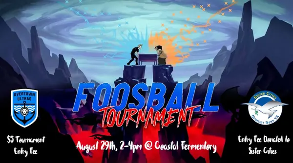 Foosball tournament event banner with a mountain landscape, a foosball player and the Coastal Fermentory logo, dated August 29th.