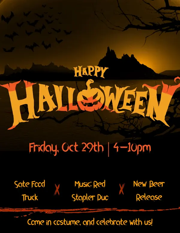 Halloween flyer with a haunted orange sky, Friday October 29th, 4 to 10pm.