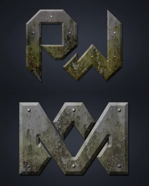 Weathered stone PW monogram above a matching stone MW monogram, both with riveted bevelled edges.