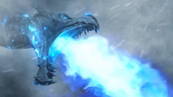 An ice dragon breathing a blue frost blast through a snowstorm.