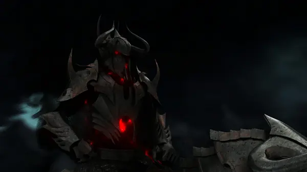 A dark armored knight with glowing red eyes against a stormy sky.
