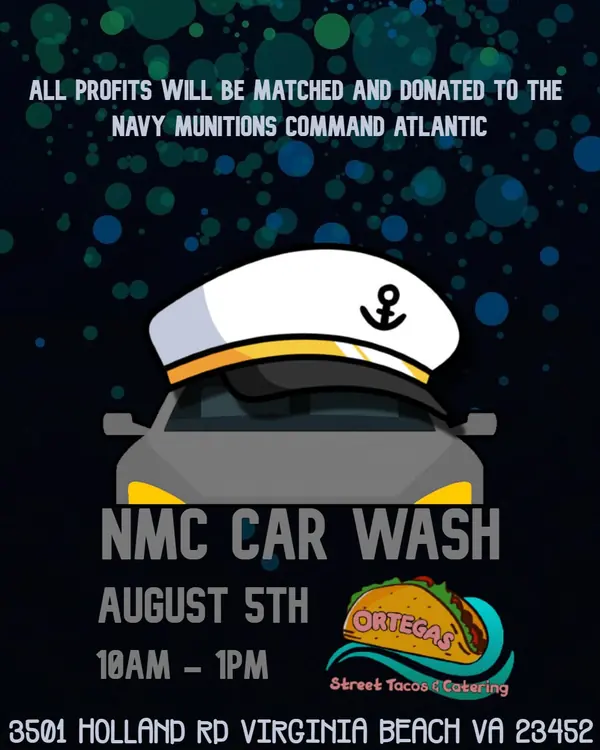 Flyer for the NMC Car Wash on August 5th from 10am to 1pm with a car wearing a sailor hat.