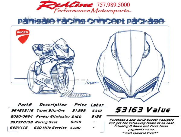 Sales sheet with line drawings of a Ducati Panigale and a parts and price table totalling $3163 in value.