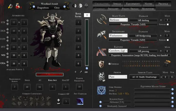 Screenshot of the Player Workbench character builder, a hand-designed app interface with an armored avatar and equipment slots.