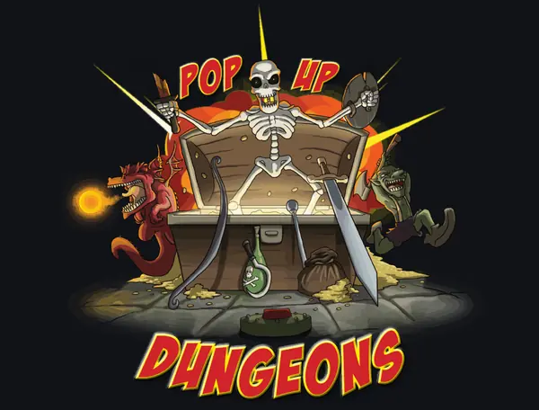 Pop Up Dungeons logo: a skeleton bursts from a treasure chest flanked by a fire-breathing dragon and a goblin.
