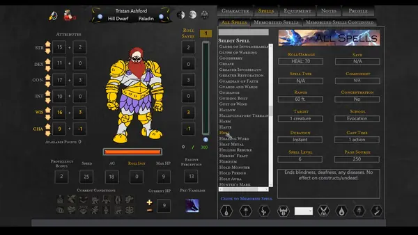 Character sheet screen with ability scores down the left, an armored dwarf and a spell list.