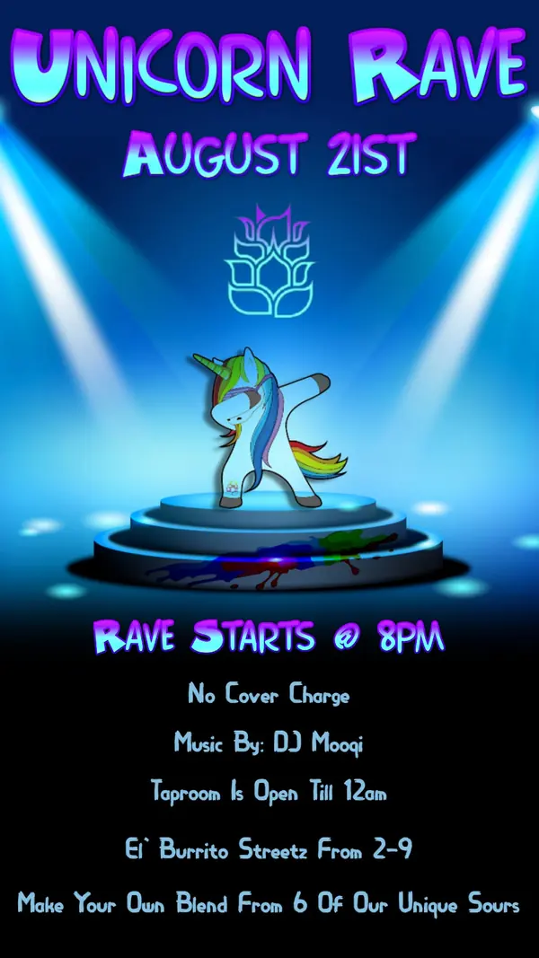 Neon flyer for Unicorn Rave on August 21st showing a dabbing unicorn under stage lights.