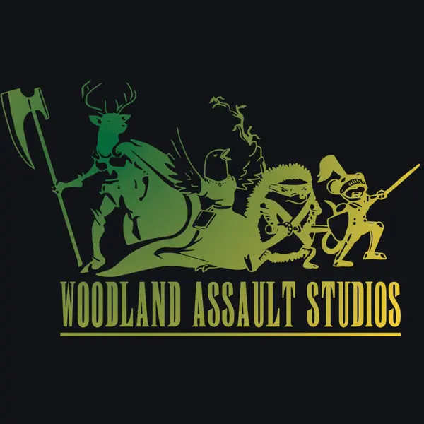 Woodland Assault Studios logo: silhouettes of a stag warrior with an axe, a bird, a hedgehog and a mouse knight in a green-to-gold gradient.